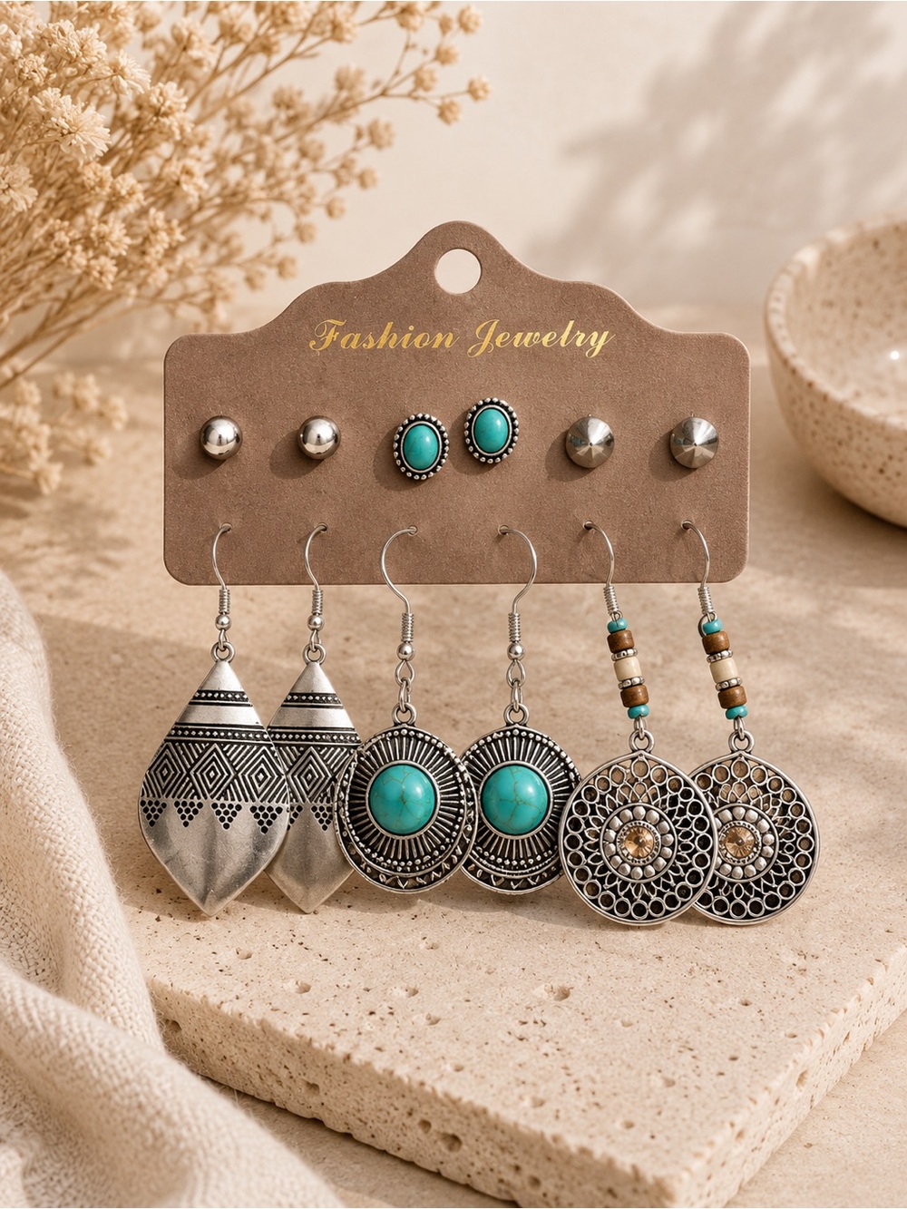 Fashion Jewelry Turquoise & Silver Mixed Earring Set - 6 Pairs